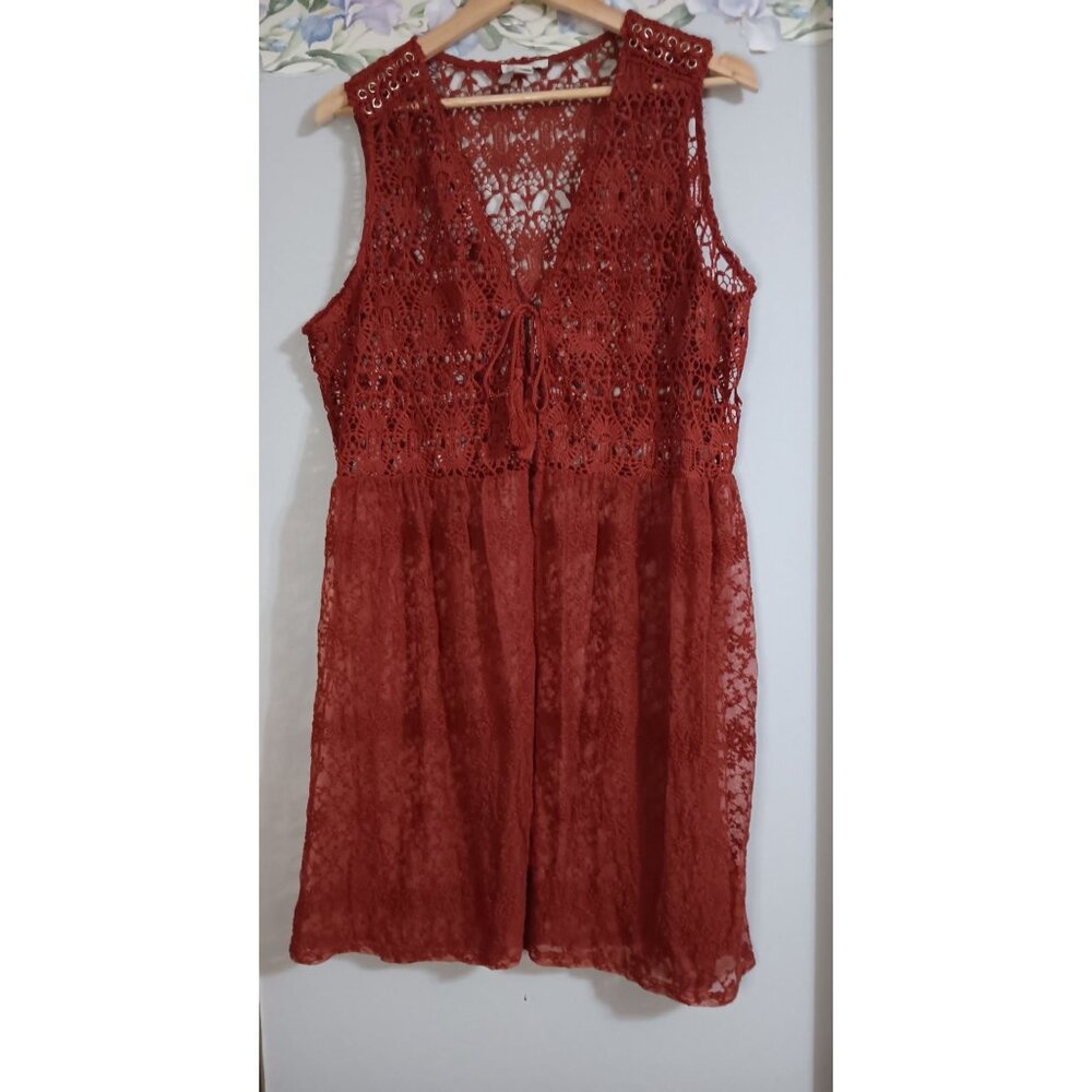 C Est. 1946 XL Rust Sheer Lace Crocohet Tie Tassel Boho Western Romantic Top